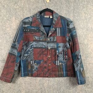 Chico’s Womens‎ Size 0 patchwork Graffiti Denim Jacket Red and Blue